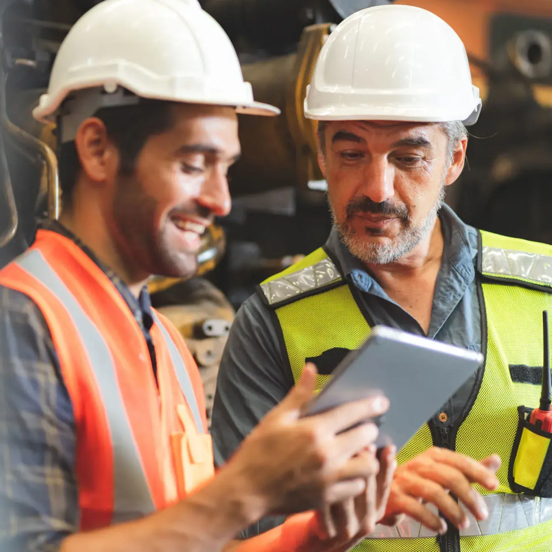 Workers looking at device